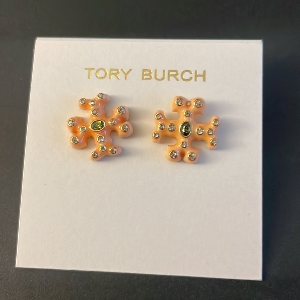 Tory Burch Crystal Logo Stud Earrings Gold Tone Floral Clover Statement - Picture 4 of 5